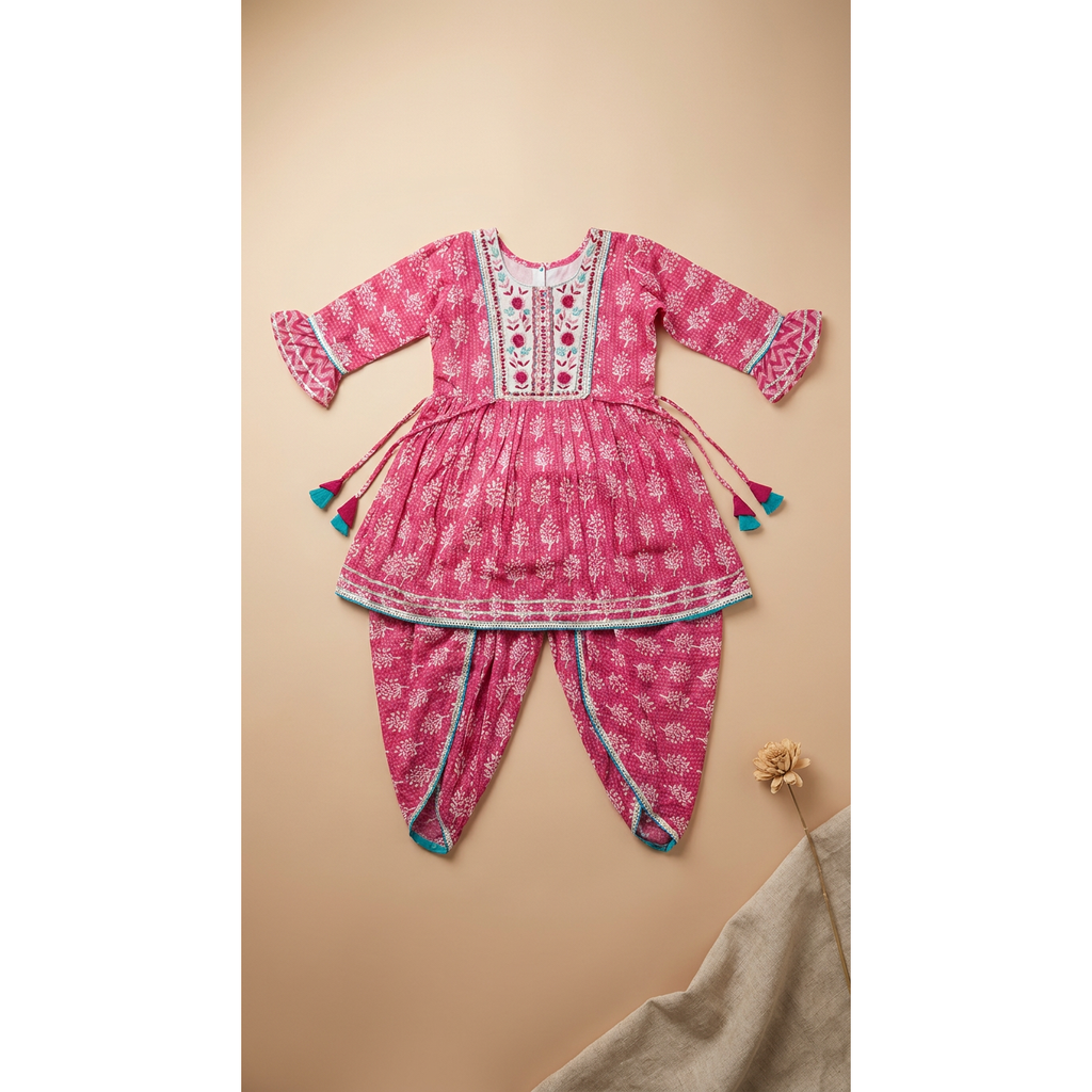 Rani Pink Embroidered Bandhej Flared Kurta-Dhoti Set