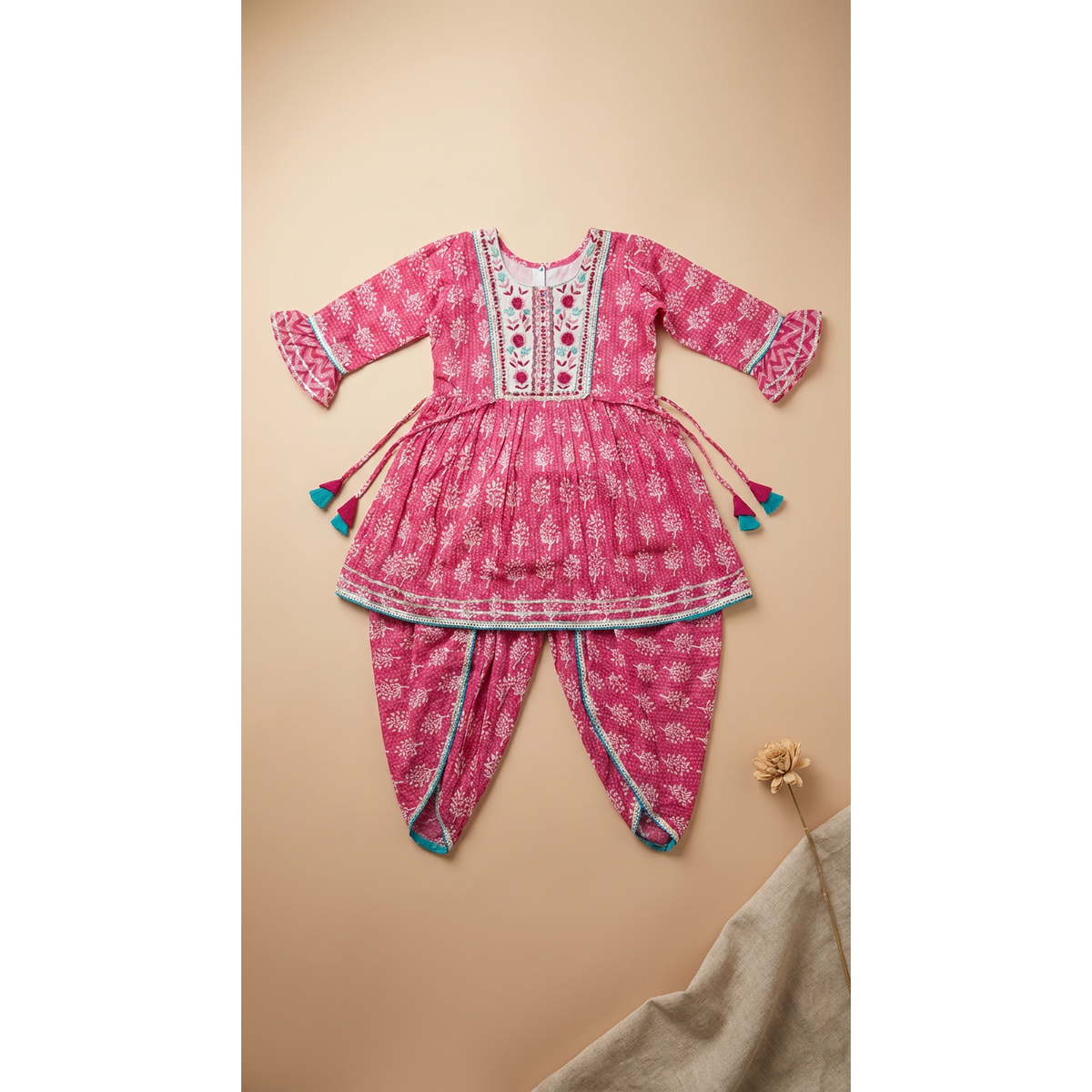 Rani Pink Embroidered Bandhej Flared Kurta-Dhoti Set
