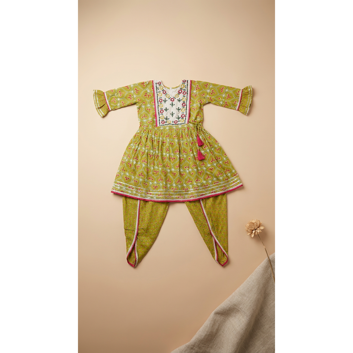Mehendi Green Floral Embroidered Flared Kurta-Dhoti Set