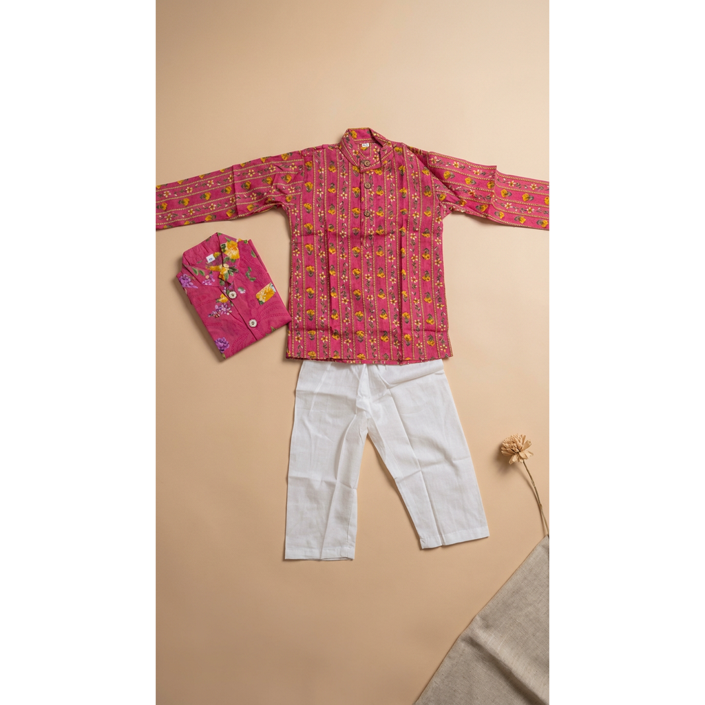 Pink Floral Kurta Pyjama 3 piece set for kids