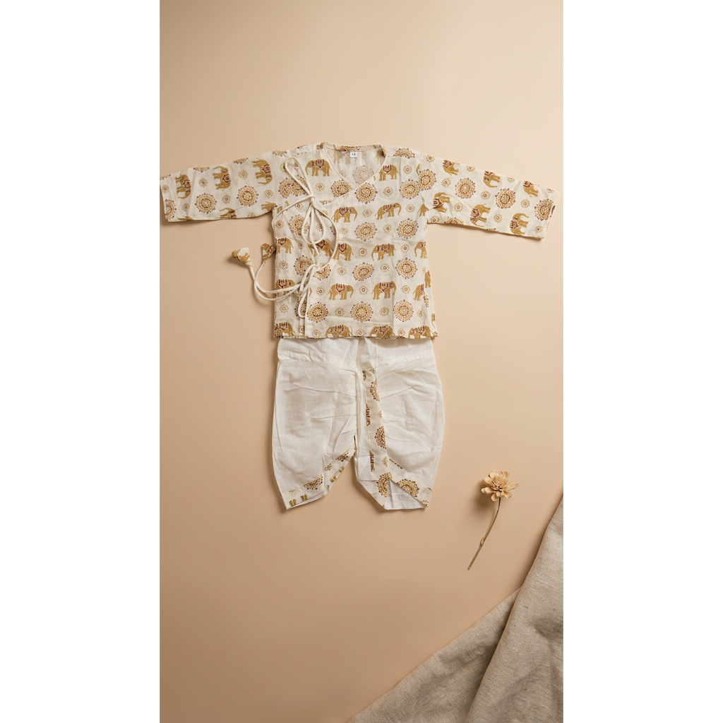 Ivory Elephant Print Angrakha Dhoti Set for kids