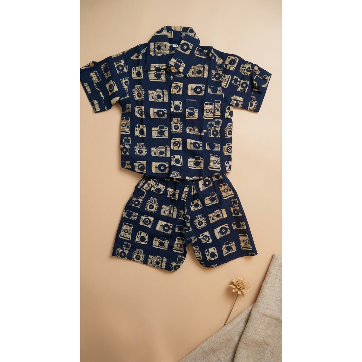 Vintage Camera Print Shirt-Shorts Co-ord Set for boys