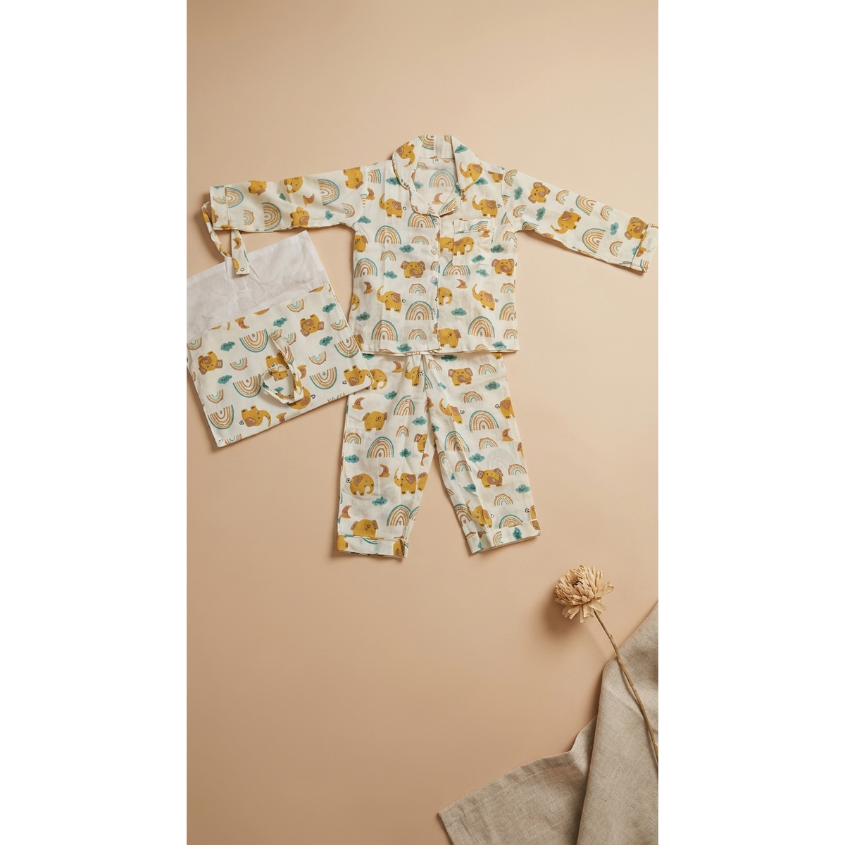 Golden Elephant and Rainbow Print Cotton Night Suit with pouch - Unisex