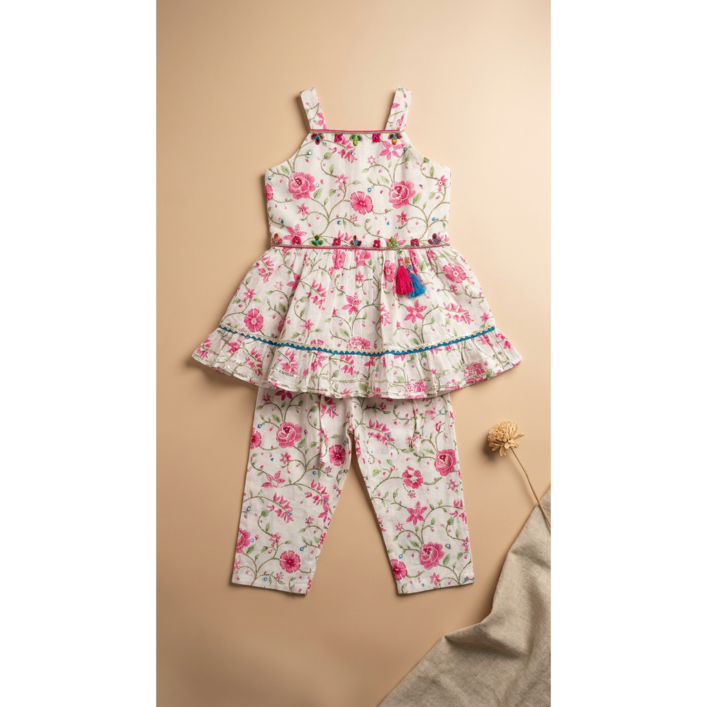 Pink Floral Embroidered Strappy Co-ord set for girls