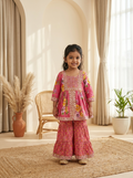 Pink Floral Peplum Embroidered Sharara Set for Girls