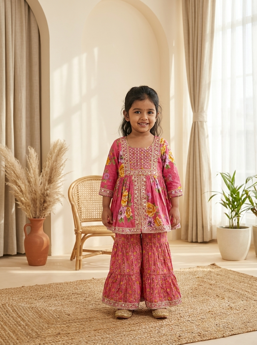 Pink Floral Peplum Embroidered Sharara Set for Girls