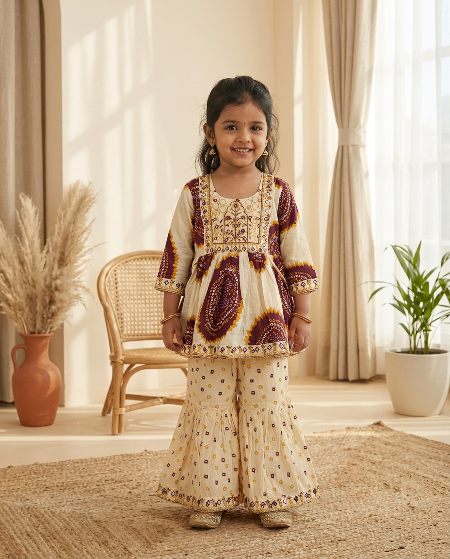 Ivory Sunburst Bandhej Flared Embroidered Sharara Set