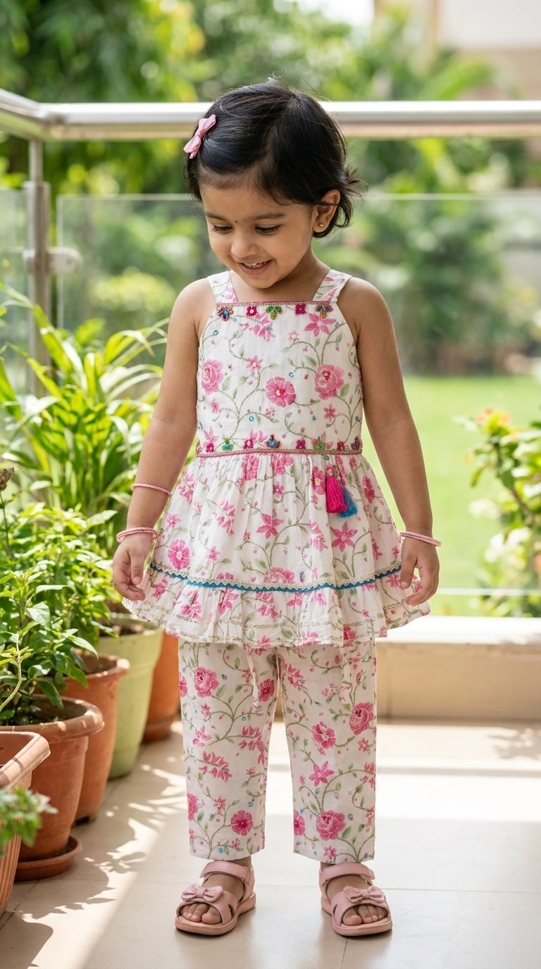 Pink Floral Embroidered Strappy Dress for Girls