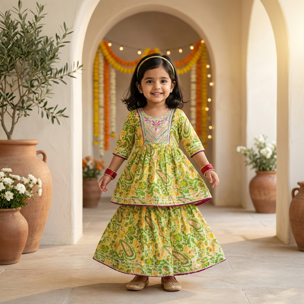 Lime Green Paisley Embroidered Flared Sharara Set