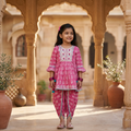 Rani Pink Embroidered Bandhej Flared Kurta-Dhoti Set