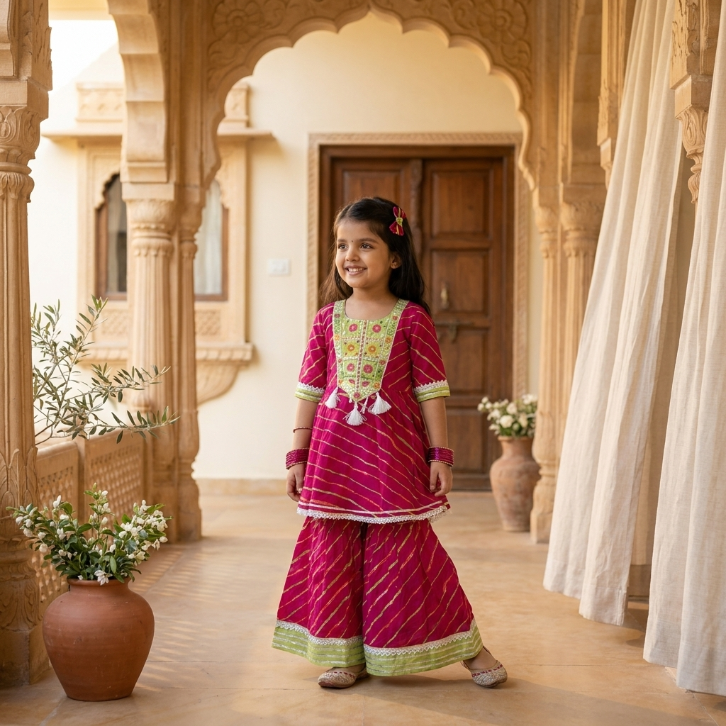 Rani Pink Leheriya Embroidered Sharara Set