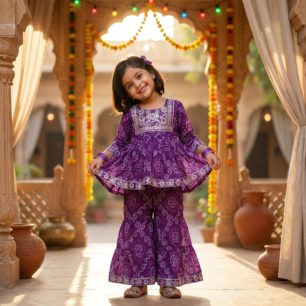 Purple Bandhej Embroidered Sharara Set