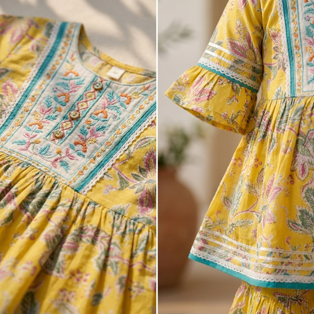Sunshine Yellow Floral Embroidered Flared Sharara Set