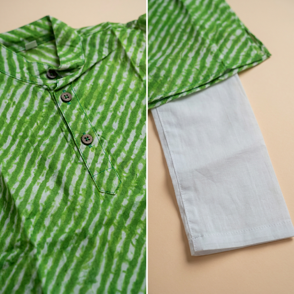 Green Leheriya Kurta Pyjama Set for Kids