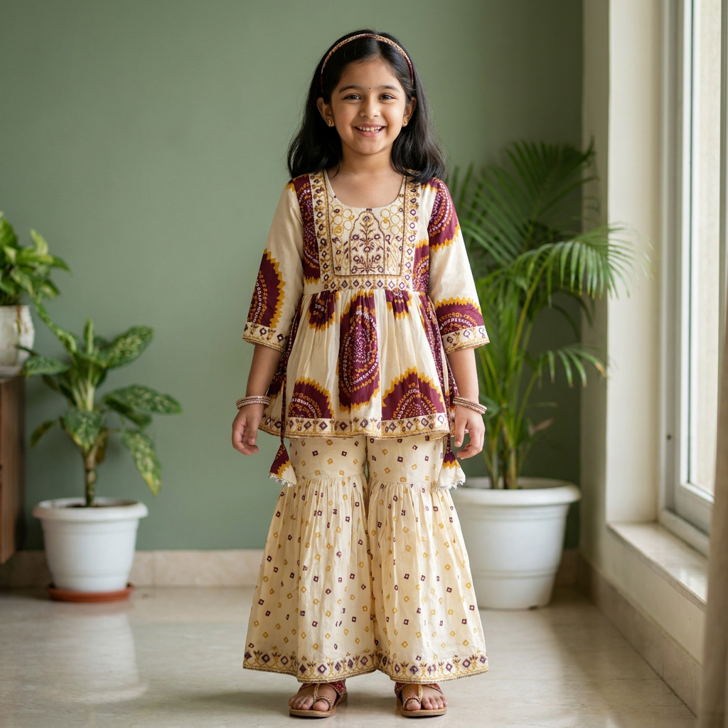 Ivory Bandhej Flared Sharara Set with Embroidery