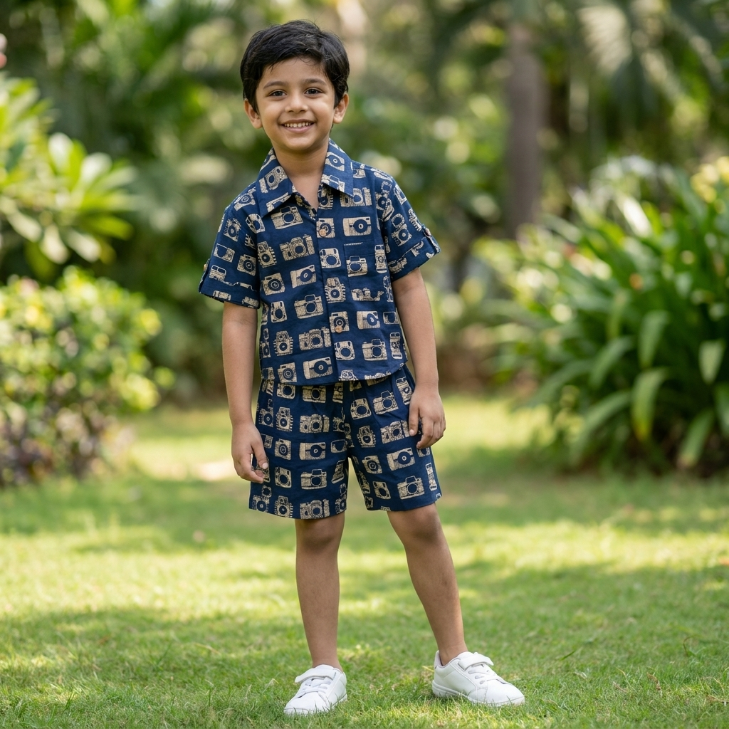 Vintage Camera Print Shirt-Shorts Co-ord Set for boys